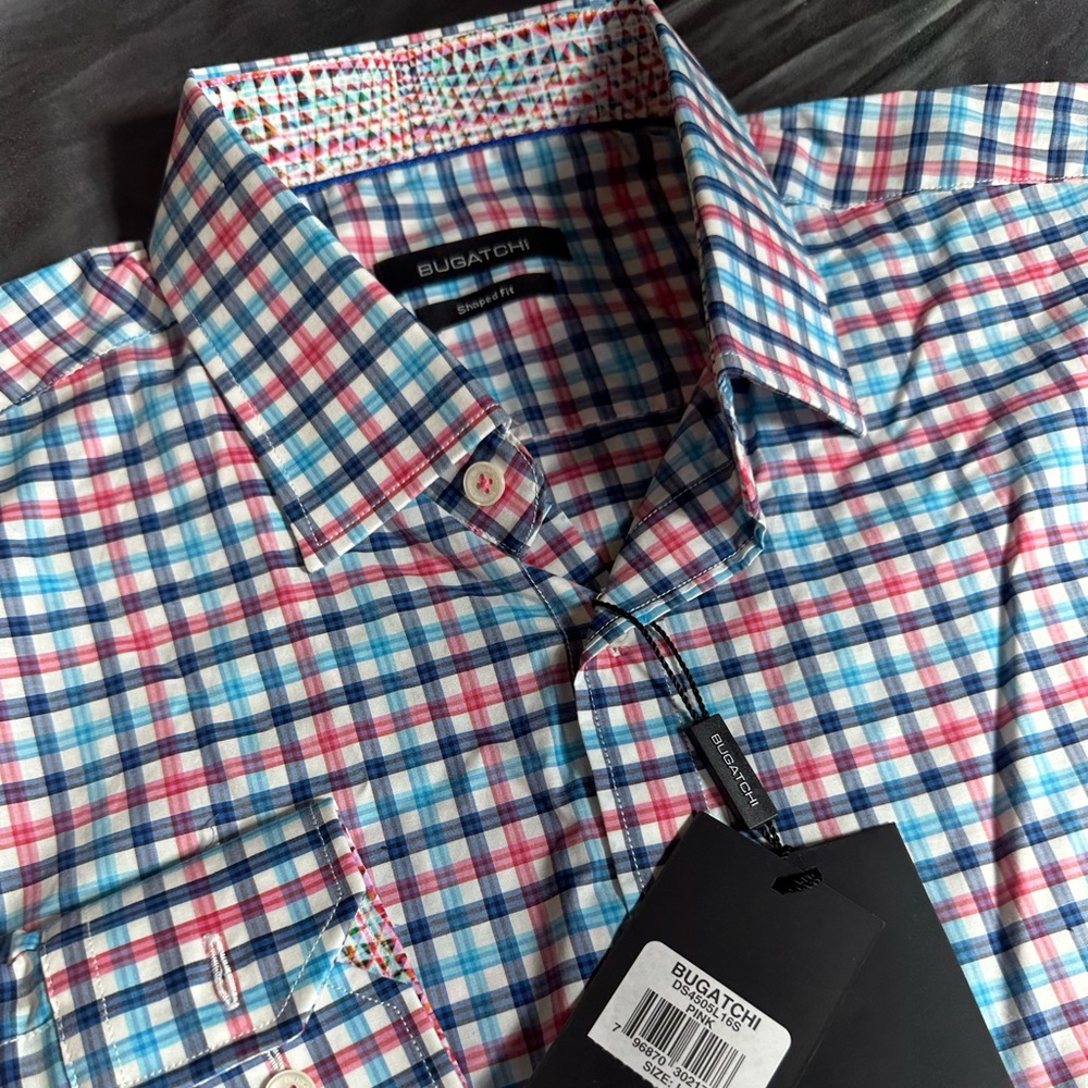 NWT Bugatchi Mens Plaid Dress Shirt Large Shaped Fit $179